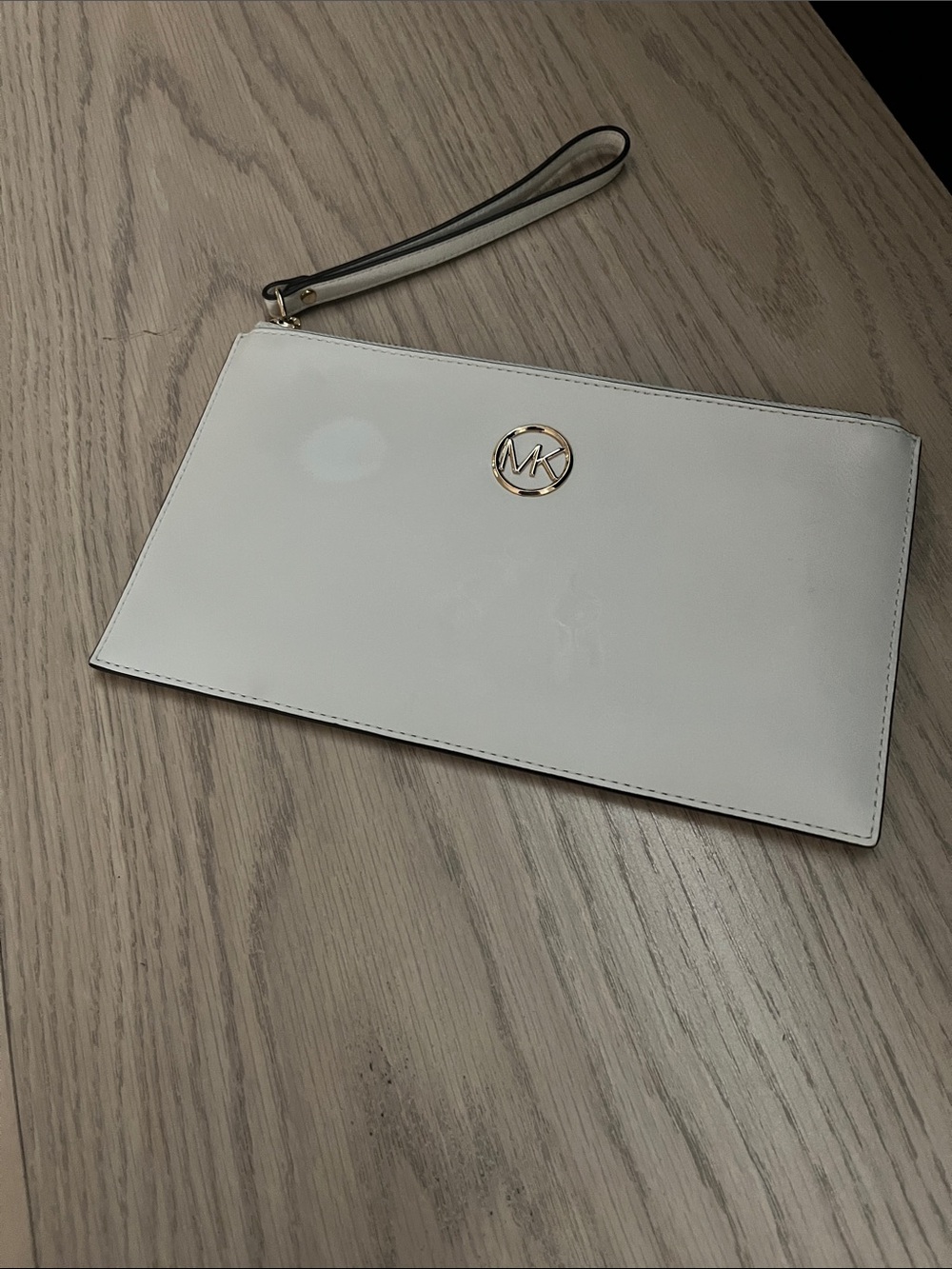 Michael Kors Cream Leather Wristlet Clutch with Gold MK Logo